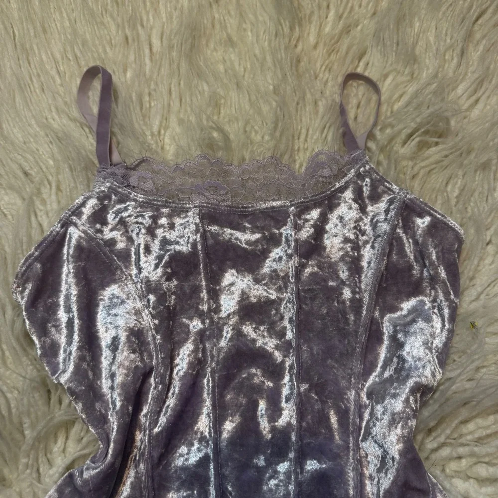 Womens Romantic Feminine Lingerie‎ Lace Trim Velvet Bodysuit Purple Small